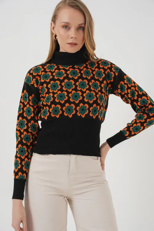 15801 Boğazlı Desenli Crop Kazak - Oranje