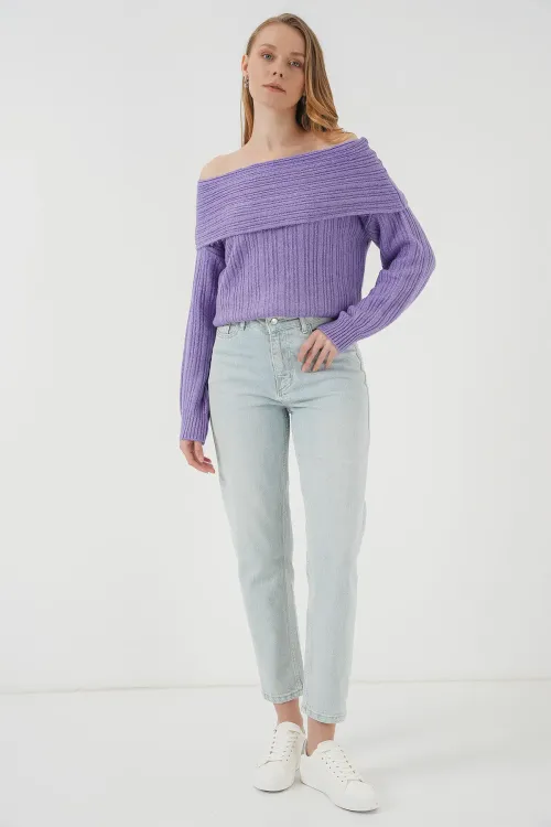 15908 Kadın Açık Omuz Oversize Triko Kazak - Lila
