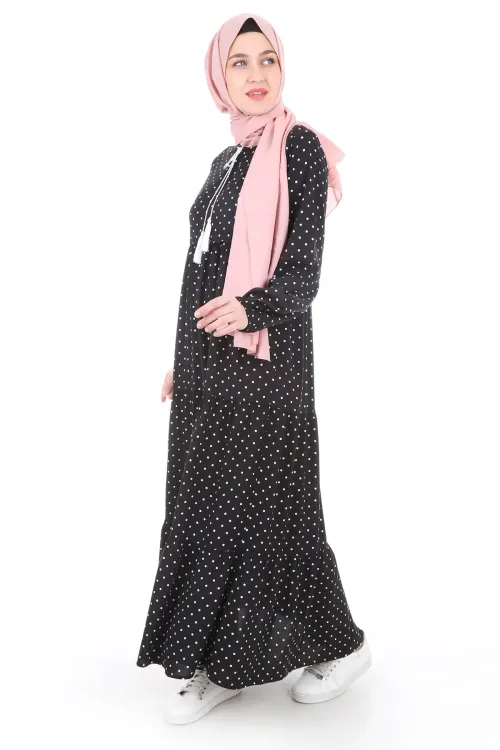 1627 Yaka Bağcıklı Tesettür Elbise - F. Siyah