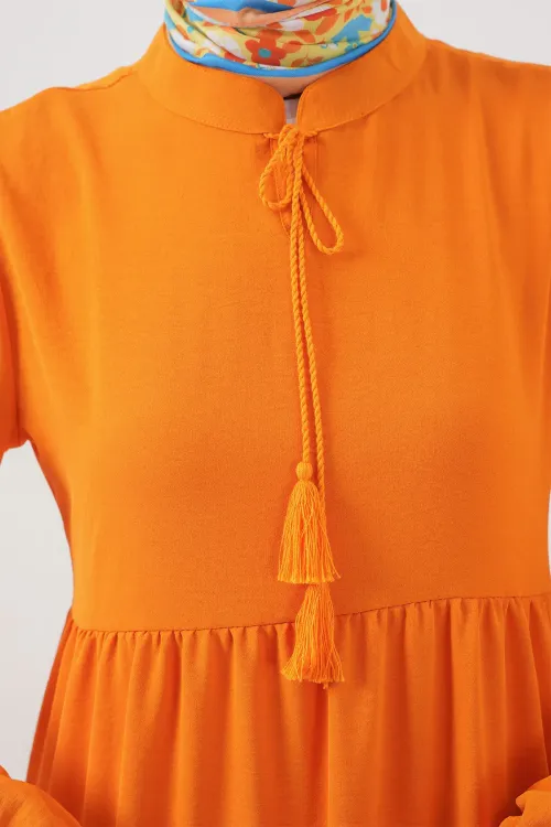 1627 Yaka Bağcıklı Tesettür Elbise - Oranje