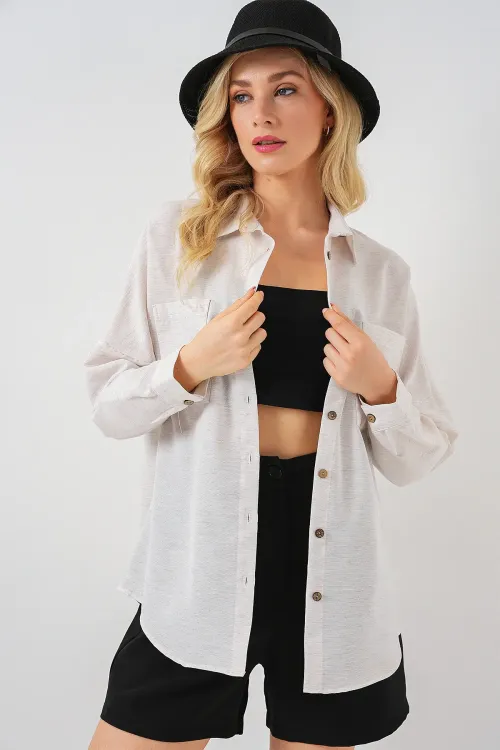 20126 Oversize Keten Gömlek - Beyaz