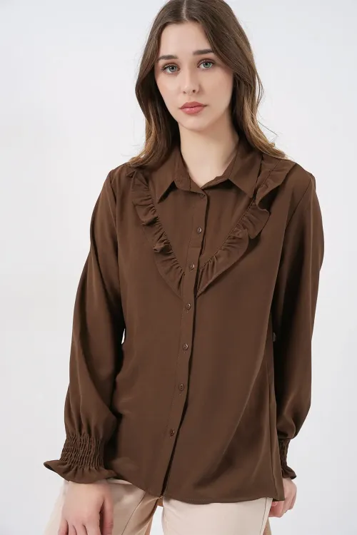 20223 Fırfırlı Uzun Kol Gömlek - Kahverengi