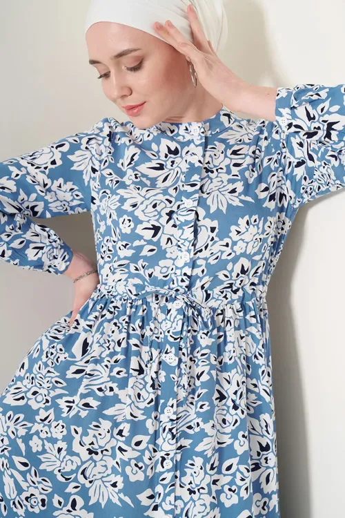 2144 Hakim Yaka Tesettür Elbise - Mavi