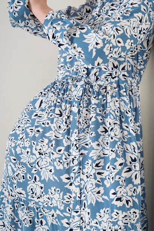 2144 Hakim Yaka Tesettür Elbise - Mavi