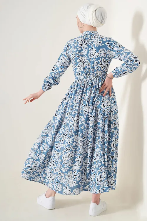 2144 Hakim Yaka Tesettür Elbise - Mavi