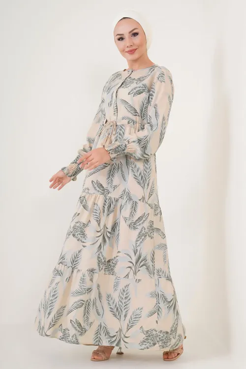 2145 Desenli Tesettür Elbise - Bej