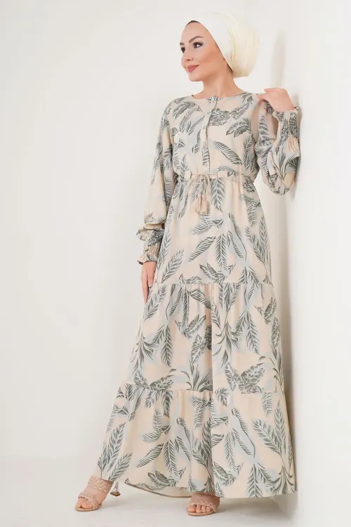 2145 Desenli Tesettür Elbise - Bej