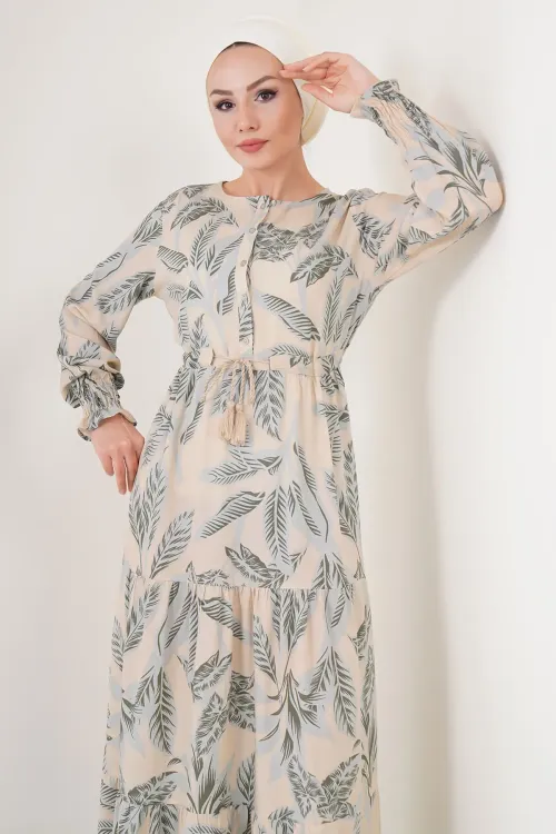 2145 Desenli Tesettür Elbise - Bej