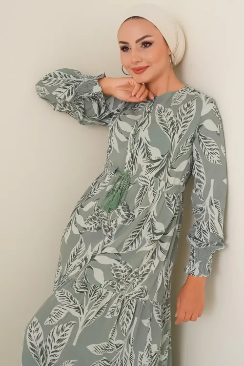 2145 Desenli Tesettür Elbise - Çağla