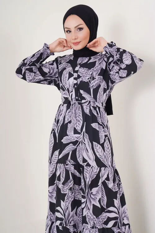 2145 Desenli Tesettür Elbise - D. Siyah