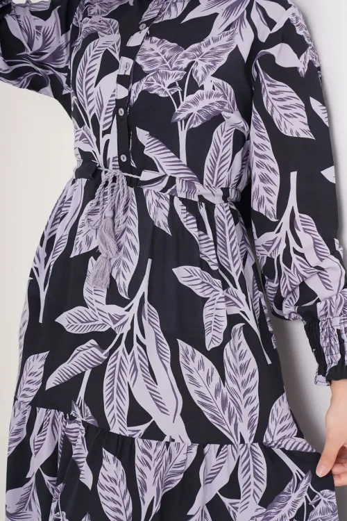 2145 Desenli Tesettür Elbise - D. Siyah