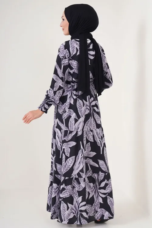 2145 Desenli Tesettür Elbise - D. Siyah