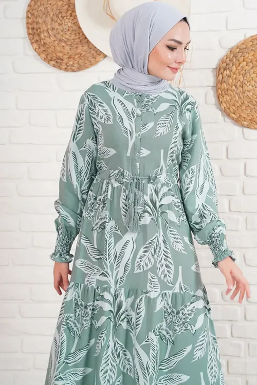 2145 Desenli Tesettür Elbise - Haki