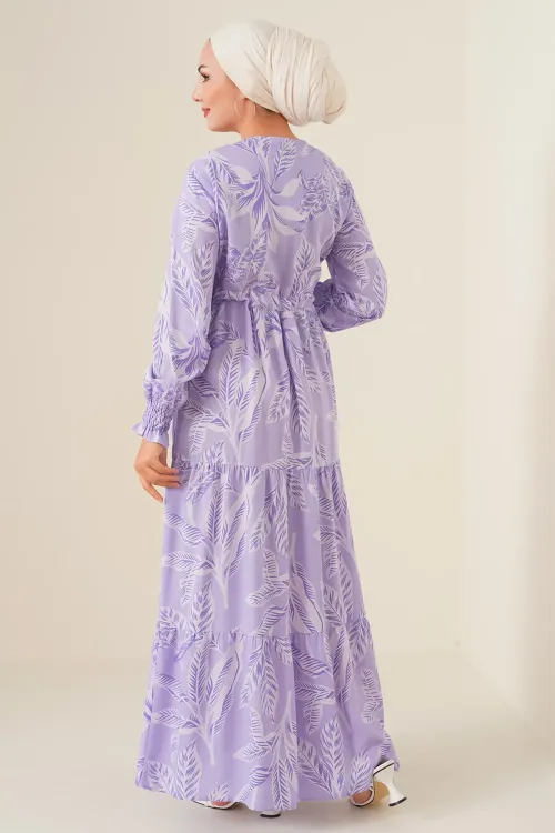 2145 Desenli Tesettür Elbise - Lila