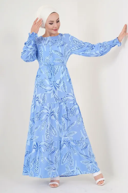 2145 Desenli Tesettür Elbise - Mavi