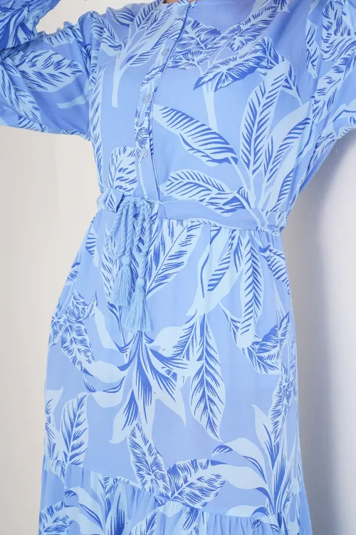 2145 Desenli Tesettür Elbise - Mavi