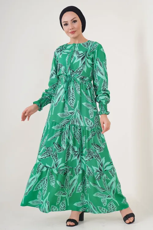2145 Desenli Tesettür Elbise - Yeşil
