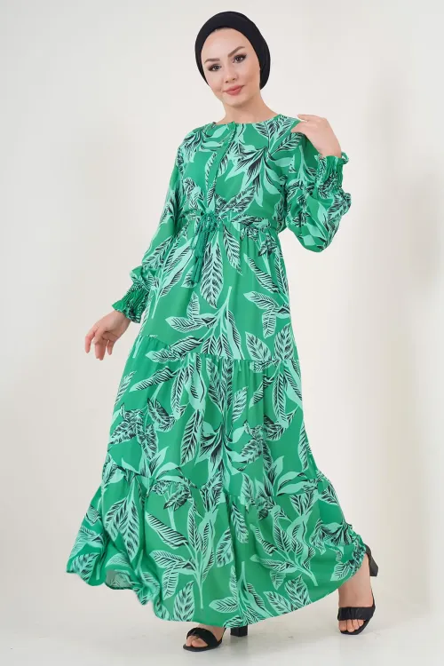 2145 Desenli Tesettür Elbise - Yeşil