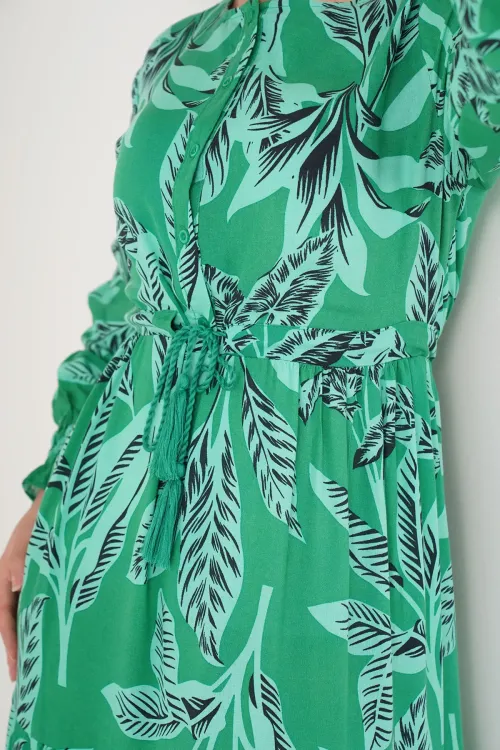 2145 Desenli Tesettür Elbise - Yeşil