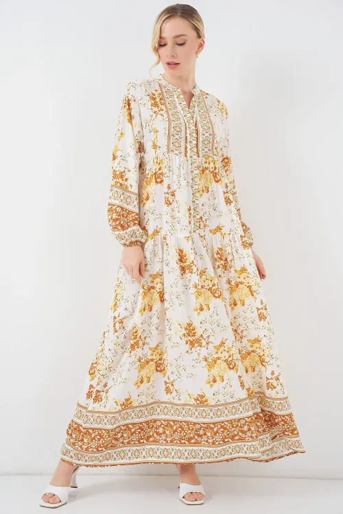 2423 Otantik Desenli Hardal Elbise