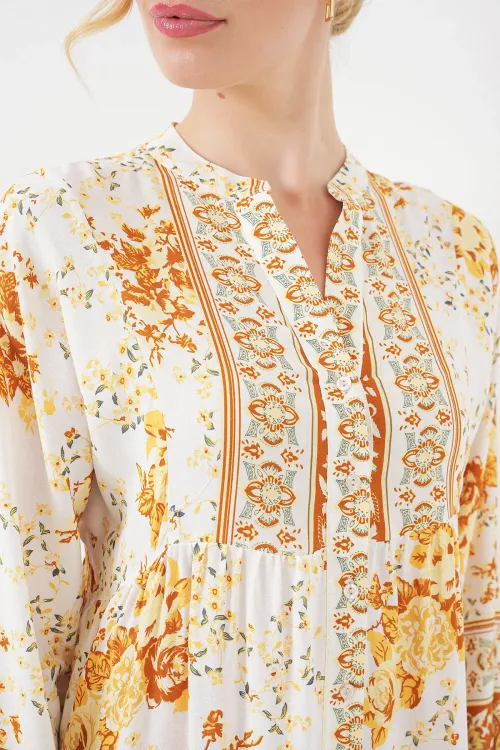 2423 Otantik Desenli Hardal Elbise