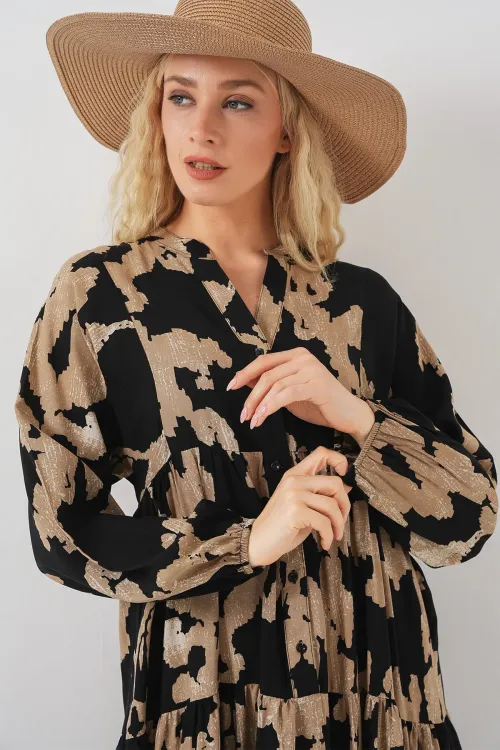 2423 Otantik Desenli Tesettür Elbise - A.Bej