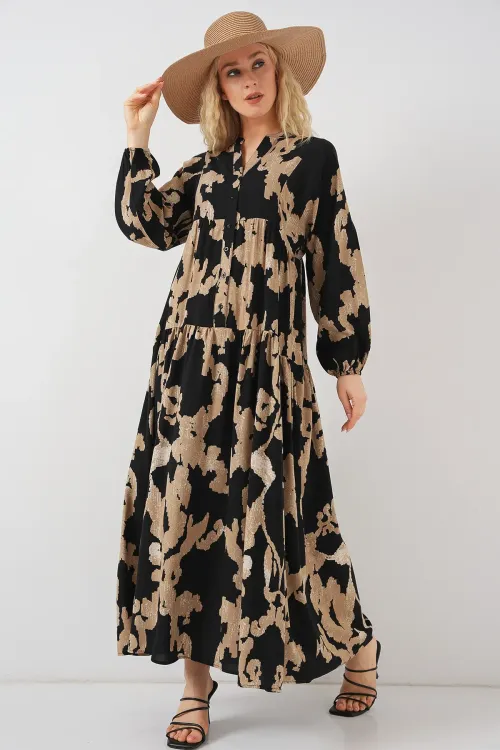 2423 Otantik Desenli Tesettür Elbise - A.Bej