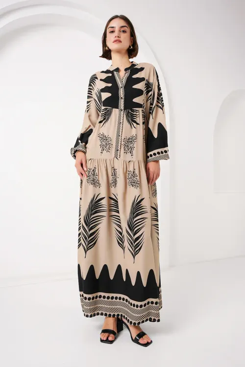 2423 Otantik Desenli Tesettür Elbise - C. Vizon