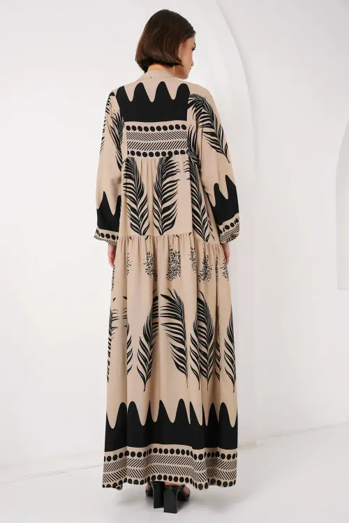 2423 Otantik Desenli Tesettür Elbise - C. Vizon