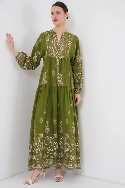 2423 Otantik Desenli Tesettür Elbise - D.Haki