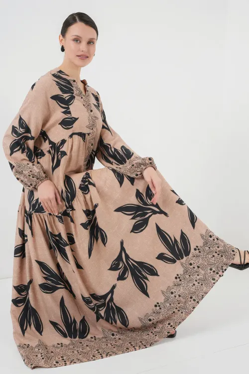 2423 Otantik Desenli Tesettür Elbise - D.Vizon