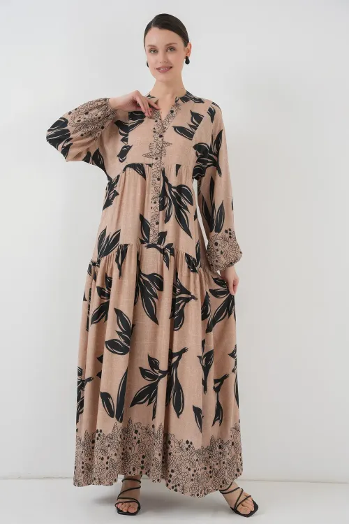 2423 Otantik Desenli Tesettür Elbise - D.Vizon