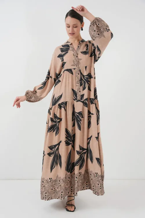 2423 Otantik Desenli Tesettür Elbise - D.Vizon