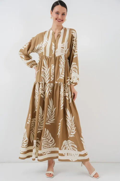 2423 Otantik Desenli Tesettür Elbise - F.Vizon