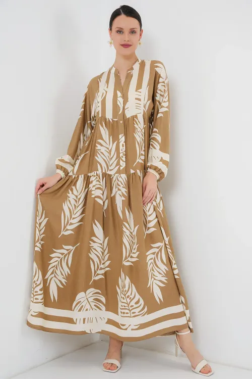 2423 Otantik Desenli Tesettür Elbise - F.Vizon