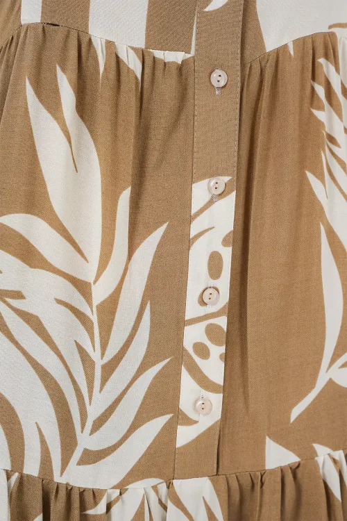 2423 Otantik Desenli Tesettür Elbise - F.Vizon