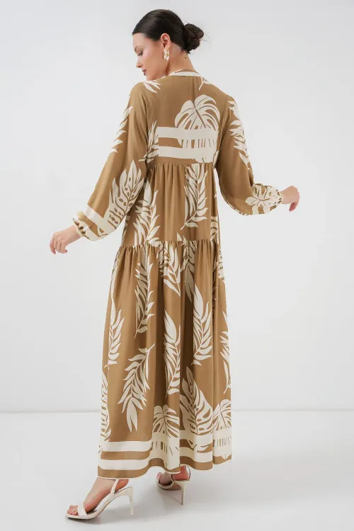 2423 Otantik Desenli Tesettür Elbise - F.Vizon