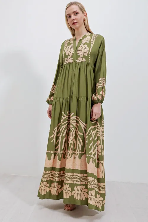 2423 Otantik Desenli Tesettür Elbise - Haki