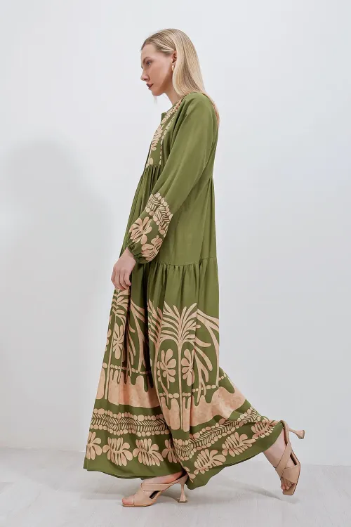 2423 Otantik Desenli Tesettür Elbise - Haki