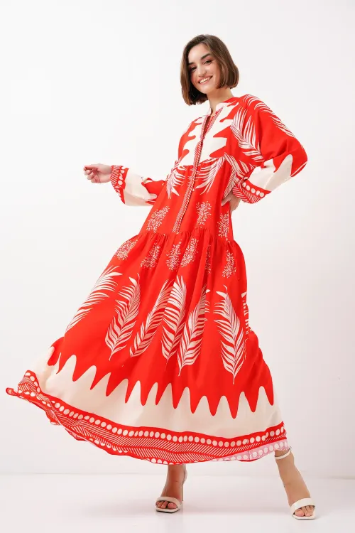 2423 Otantik Desenli Tesettür Elbise - M. Kırmızı