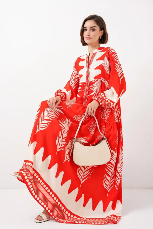 2423 Otantik Desenli Tesettür Elbise - M. Kırmızı