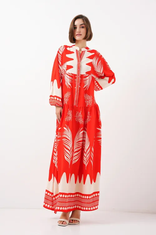 2423 Otantik Desenli Tesettür Elbise - M. Kırmızı