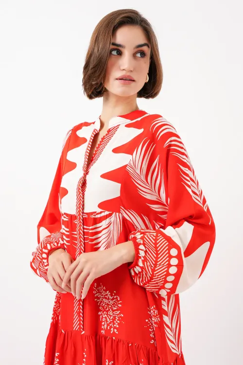 2423 Otantik Desenli Tesettür Elbise - M. Kırmızı