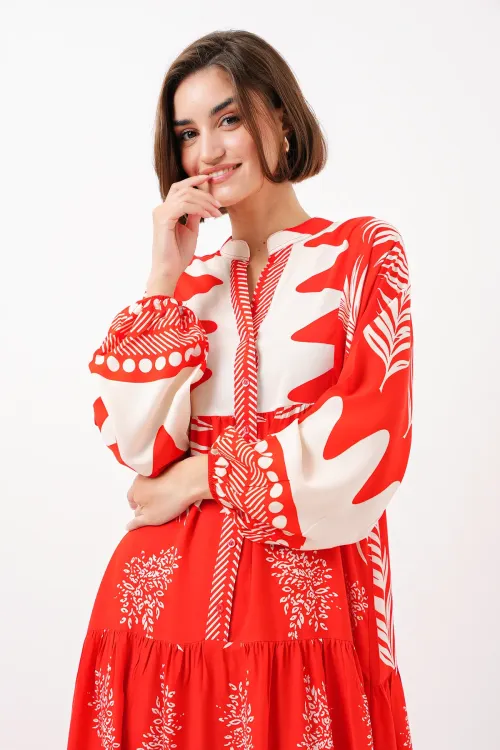 2423 Otantik Desenli Tesettür Elbise - M. Kırmızı