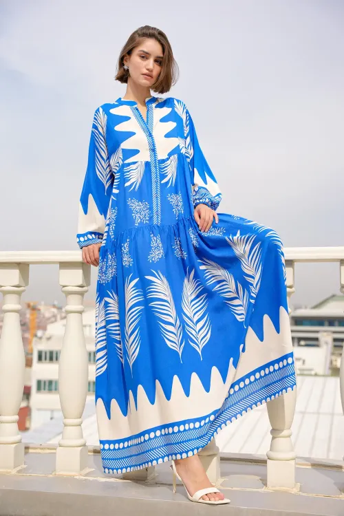 2423 Otantik Desenli Tesettür Elbise - M. Saks