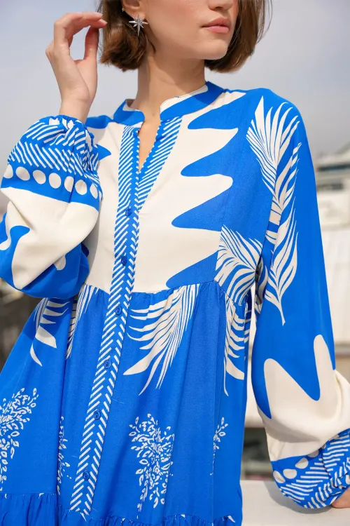 2423 Otantik Desenli Tesettür Elbise - M. Saks