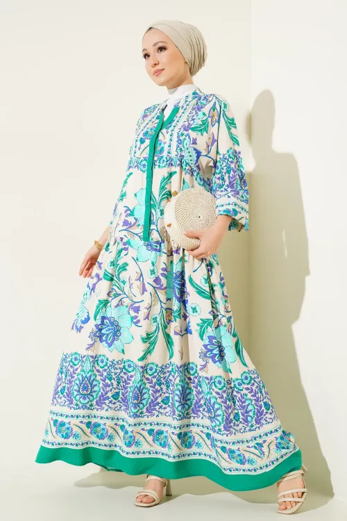 2423 Otantik Desenli Tesettür Elbise - M. Yeşil