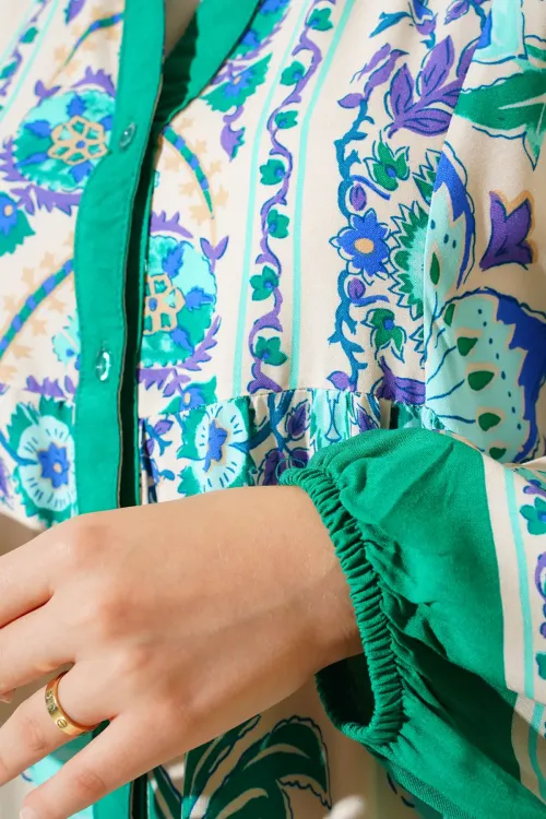 2423 Otantik Desenli Tesettür Elbise - M. Yeşil