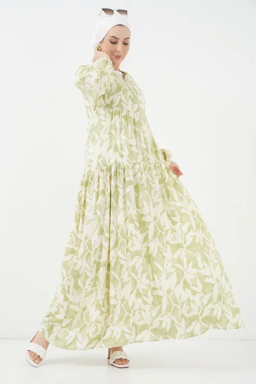 2423 Otantik Desenli Tesettür Elbise - N. Yeşil