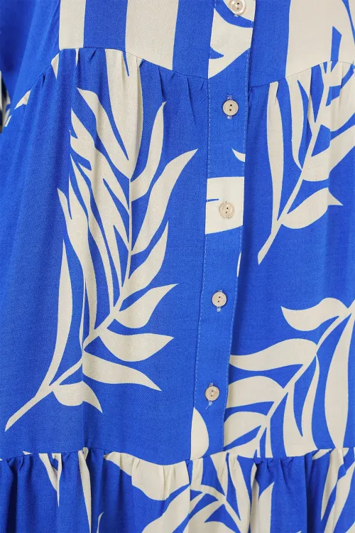 2423 Otantik Desenli Tesettür Elbise - Saks 3